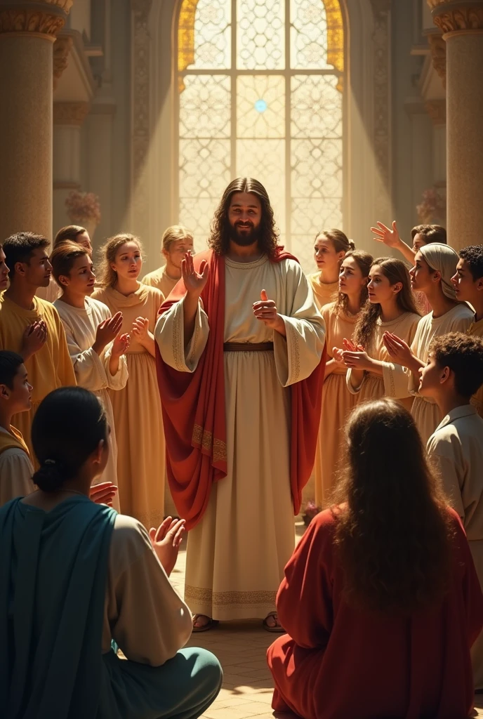 illustration: Scene showing Jesus delivering the Sermon on the Mount, surrounded by a crowd of people, with hands laid on people, comes out of the light of his hands, hands that heal, milagre