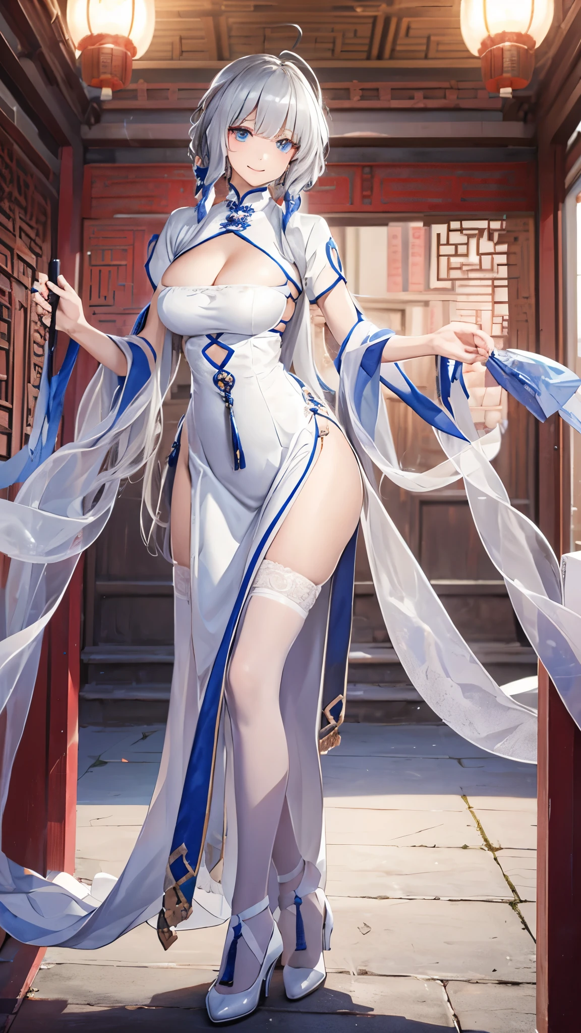   beautiful woman,      silver hair   ,   Beautiful Eyes ,   Smile,  Actual , Full HD,   very beautiful dress  ，Fluffy dress ， curved body，Magnificent view ，Gorgeous decoration，cheongsam，中国发髻