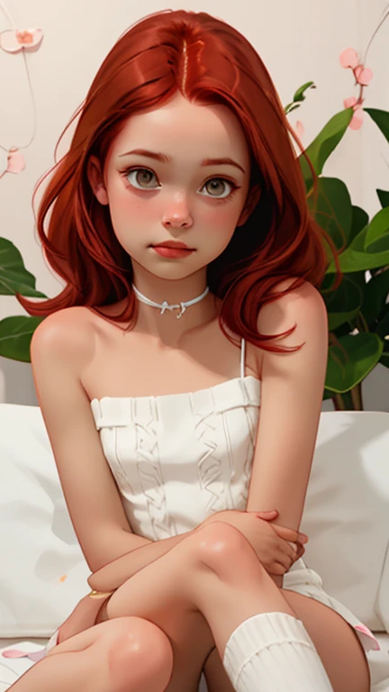 Desde atrás, low angle,  takes full body , take from below,  RAW photo,(**yo skinny redhead girl:1.2), ((intense red hair)), blush,  graphic eyeliner, rouge, ( lipstick:0.6), (choker:0.9),  Realistic skin texture , extra large knitted sweater , (red:0.8), suave,  warm lighting , cozy atmosphere, instagram style, No apto para el trabajo , naive, shy, , delgado, fit,  beautiful, beautiful, pale skin,  just a little smile , very suggestive pose , (((empty eyes expression ))),((( cum on the chest))), a pair of hands hold him in the pose
