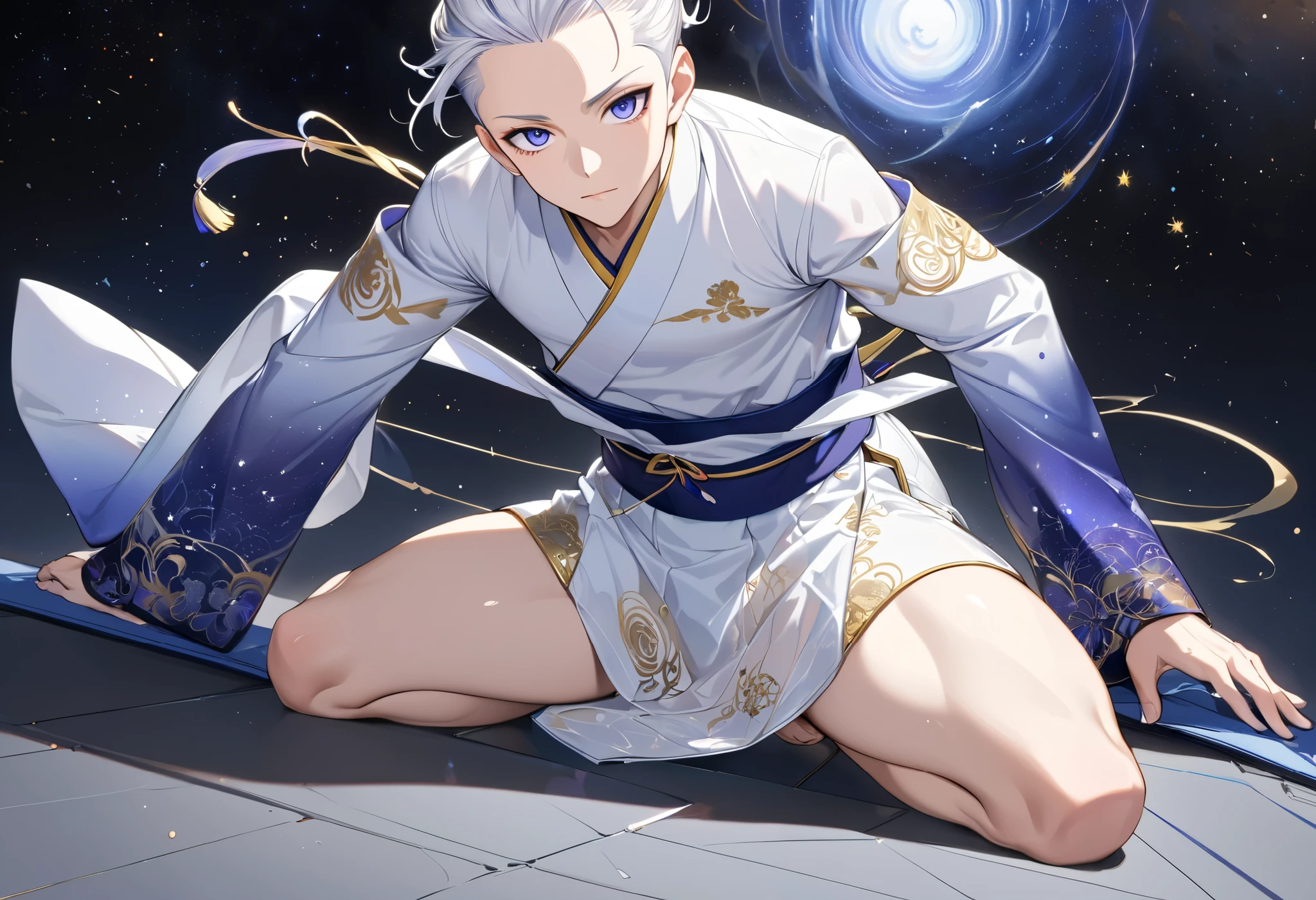 Fresh illustration,
Ultra-fine drawing,
Very delicate illustration,
Very fine details,
One boy,
Full body,
Height 158cm,
Fair skin,
Right eye is purple,
Left eye is blue,
Odd eyes,
Heterochromie iris,
Beautiful eyes,
Large black pupils,
Cleanly cut hairstyle,
Slicked back hairstyle,
Short hair,
Shiny hair,
White hair,
Forehead is exposed,
Cute face,
Pretty face,
Shiny halo on the back of the head,
Raised eyebrows,
Kimono upper body,
Japanese clothing upper body,
Masculine build,
Six pack,
Very small breasts,
No breasts,
Chinese dress lower body,
Black obi color,
White clothes overall,
Tastefully embroidered with gold thread,
Clothes with high-quality texture,
Jock straps,
Thigh straps Trap,
Thigh straps digging into skin,
White long boots,
Japanese-style toes,
Five fingers on hands and feet,
Slim waist,
Thin legs,
Isometric,
Golden ratio,
Divine atmosphere,
Wearing an indigo-colored stand-up collared inner,
Outer space,
Galaxy,
Countless small stars,
Tactical use of shadows,
Free pose,
Sexy pose,
Exposing skin,
Erotic pose,
Adult pose,
Lewd appearance,
Looking at camera,
Buttocks facing camera,
Pervert,
Clothes are see-through, revealing pink nipples and penis