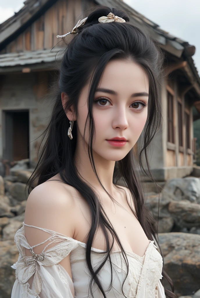 Masterpiece, full body, random angle view, photography, 
"Japanese beautiful young woman, white pale skin",very long hair elaborate updo black, white Strapless dress, with butterfly (fabric butterfly around), medival style, front of rough stone wood cabin, Apocalypse environment, 