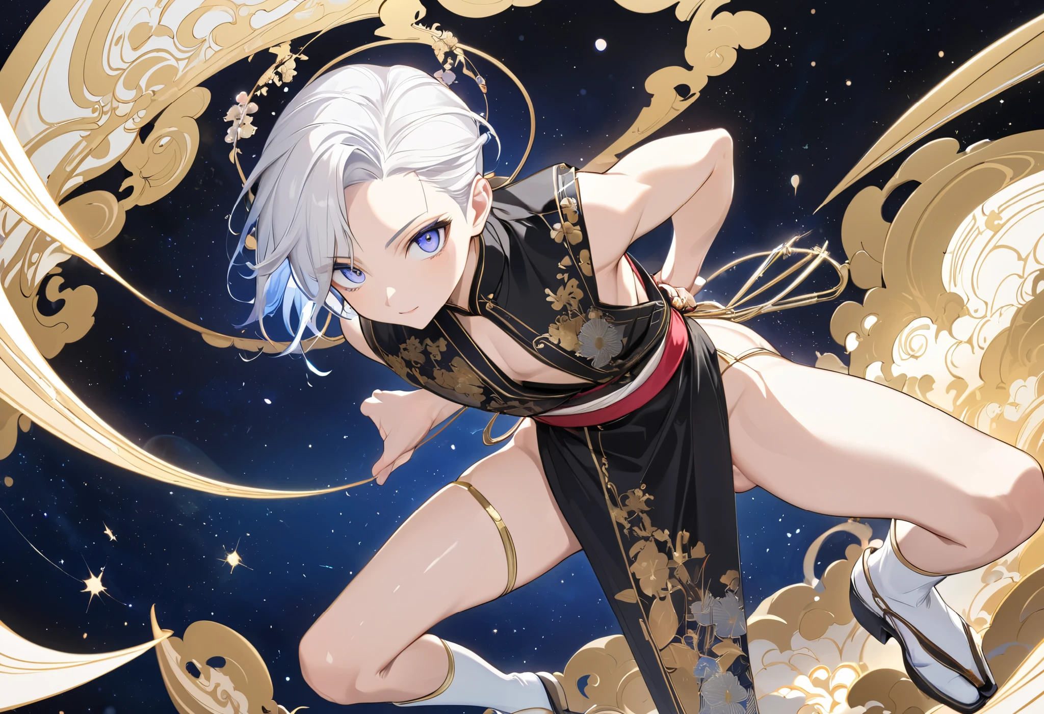 Fresh illustration,
Ultra-fine drawing,
Very delicate illustration,
Very fine details,
One boy,
Full body,
Height 158cm,
Fair skin,
Right eye is purple,
Left eye is blue,
Odd eyes,
Heterochromie iris,
Beautiful eyes,
Large black pupils,
Cleanly cut hairstyle,
Slicked back hairstyle,
Short hair,
Shiny hair,
White hair,
Forehead is exposed,
Cute face,
Pretty face,
Shiny halo on the back of the head,
Raised eyebrows,
Kimono upper body,
Japanese clothing upper body,
Masculine build,
Six pack,
Very small breasts,
No breasts,
Chinese dress lower body,
Black obi color,
White clothes overall,
Tastefully embroidered with gold thread,
Clothes with high-quality texture,
Jock straps,
Thigh straps Trap,
Thigh straps digging into skin,
White long boots,
Japanese-style toes,
Five fingers on hands and feet,
Slim waist,
Thin legs,
Isometric,
Golden ratio,
Divine atmosphere,
Wearing an indigo-colored stand-up collared inner,
Outer space,
Galaxy,
Countless small stars,
Tactical use of shadows,
Free pose,
Sexy pose,
Exposing skin,
Erotic pose,
Adult pose,
Lewd appearance,
Looking at camera,
Buttocks facing camera,
Pervert,
Clothes are see-through, revealing pink nipples and penis