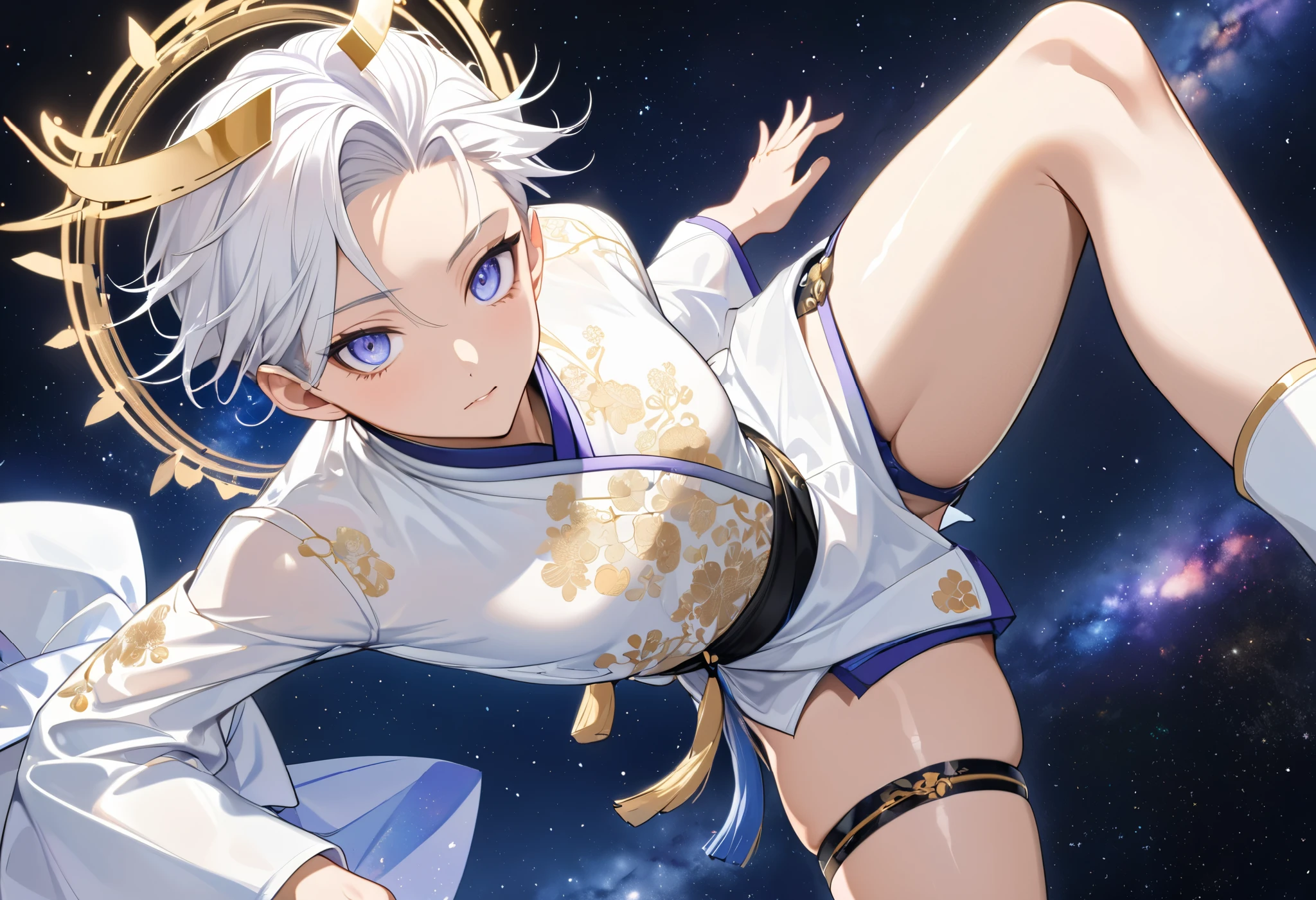 Fresh illustration,
Ultra-fine drawing,
Very delicate illustration,
Very fine details,
One boy,
Full body,
Height 158cm,
Fair skin,
Right eye is purple,
Left eye is blue,
Odd eyes,
Heterochromie iris,
Beautiful eyes,
Large black pupils,
Cleanly cut hairstyle,
Slicked back hairstyle,
Short hair,
Shiny hair,
White hair,
Forehead is exposed,
Cute face,
Pretty face,
Shiny halo on the back of the head,
Raised eyebrows,
Kimono upper body,
Japanese clothing upper body,
Masculine build,
Six pack,
Very small breasts,
No breasts,
Chinese dress lower body,
Black obi color,
White clothes overall,
Tastefully embroidered with gold thread,
Clothes with high-quality texture,
Jock straps,
Thigh straps Trap,
Thigh straps digging into skin,
White long boots,
Japanese-style toes,
Five fingers on hands and feet,
Slim waist,
Thin legs,
Isometric,
Golden ratio,
Divine atmosphere,
Wearing an indigo-colored stand-up collared inner,
Outer space,
Galaxy,
Countless small stars,
Tactical use of shadows,
Free pose,
Sexy pose,
Exposing skin,
Erotic pose,
Adult pose,
Lewd appearance,
Looking at camera,
Buttocks facing camera,
Pervert,
Clothes are see-through, revealing pink nipples and penis