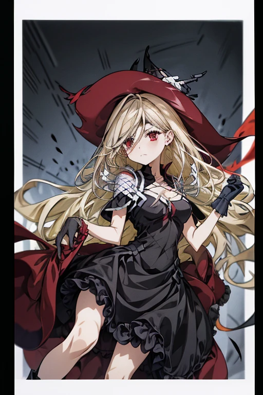  red eyes,  black ruffle dress,  black border on dress , black gloves and shoes ,  wave hair,  grayish blonde hair color 、 cowboy shot,  black dress