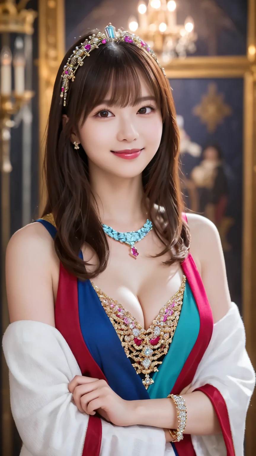 (The clothes of a medieval queen wearing colorful jewels : 1.5), (upper body : 1.5), smile, ( Royal Background with Chandelier : 1.5), ( curled hair  : 1.4), young and adorable Japanese face, Official Art, high definition CG Unity 8k wallpaper,Ultra high definition ,Very detailed, half photos with Brazil, high definition , Kodak Portrait 400, film grain , lens flare glow, best quality,8k, as a portrait shot,8k, Show viewer, (( best quality)), ( super detailed), smile, (( sexy)), (( Very detailedな)), (detailed clothing features), (beautiful), Illustration, beautiful Japanese woman, ((1 female)), (Bold Cleavage : 1.3)