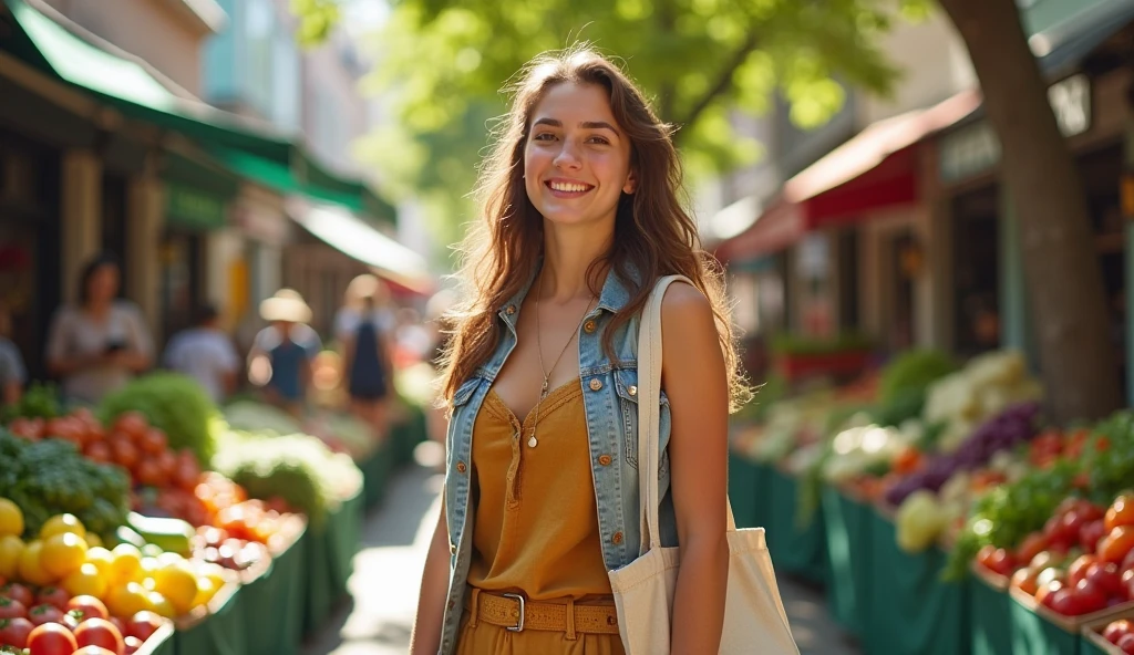 A 25-year-old woman is shopping with a white Boat Tote Bag on her back