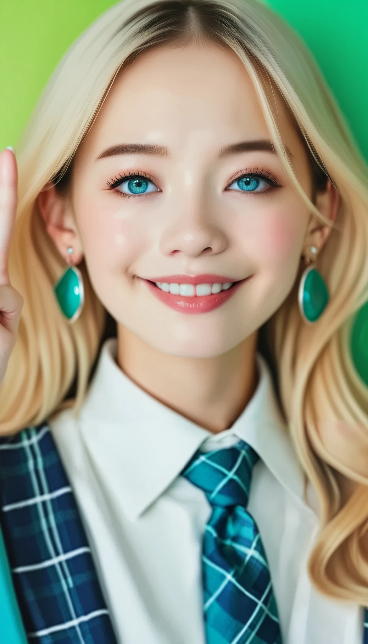   anime style illustration ,  Photorealism,((( 1 girl:1.3))),   long blond hair and pink tips ,  playful poses , Hands making a V sign near the eyes, Wearing a white shirt、I'm rolling up my sleeves,  BLUE PLAID SKIRT, Loose blue tie,  earrings for women with first name, Gentle flush on cheeks, Bright and cheerful expression, green chroma key background, Vibrant youth々 like atmosphere,  close-up composition 、 focuses on the upper body ,  sharp concentration,  looking up with moist eyes,   Lesbian Couples ,  Professional ,