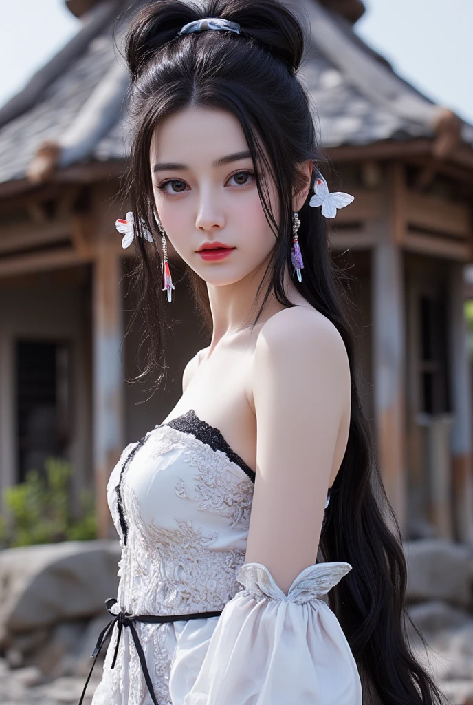 Masterpiece, full body, random angle view, photography, 
"Japanese beautiful young woman, white pale skin",very long hair elaborate updo black, white Strapless dress, with butterfly (fabric butterfly around), medival style, front of rough stone wood cabin, Apocalypse environment, 