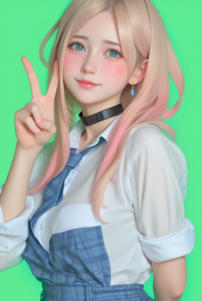   anime style illustration ,  Photorealism, 1 girl,   long blond hair and pink tips ,  playful poses , Wink and smile , Hands making a V sign near the eyes, Wearing a white shirt、I'm rolling up my sleeves,  BLUE PLAID SKIRT, Loose blue tie, Black choker with ring ,  earrings for women with first name, Gentle flush on cheeks, Bright and cheerful expression, green chroma key background, Vibrant youth々 like atmosphere,  close-up composition 、 focuses on the upper body ,  sharp concentration,  looking up with moist eyes,   Lesbian Couples ,  Professional ,