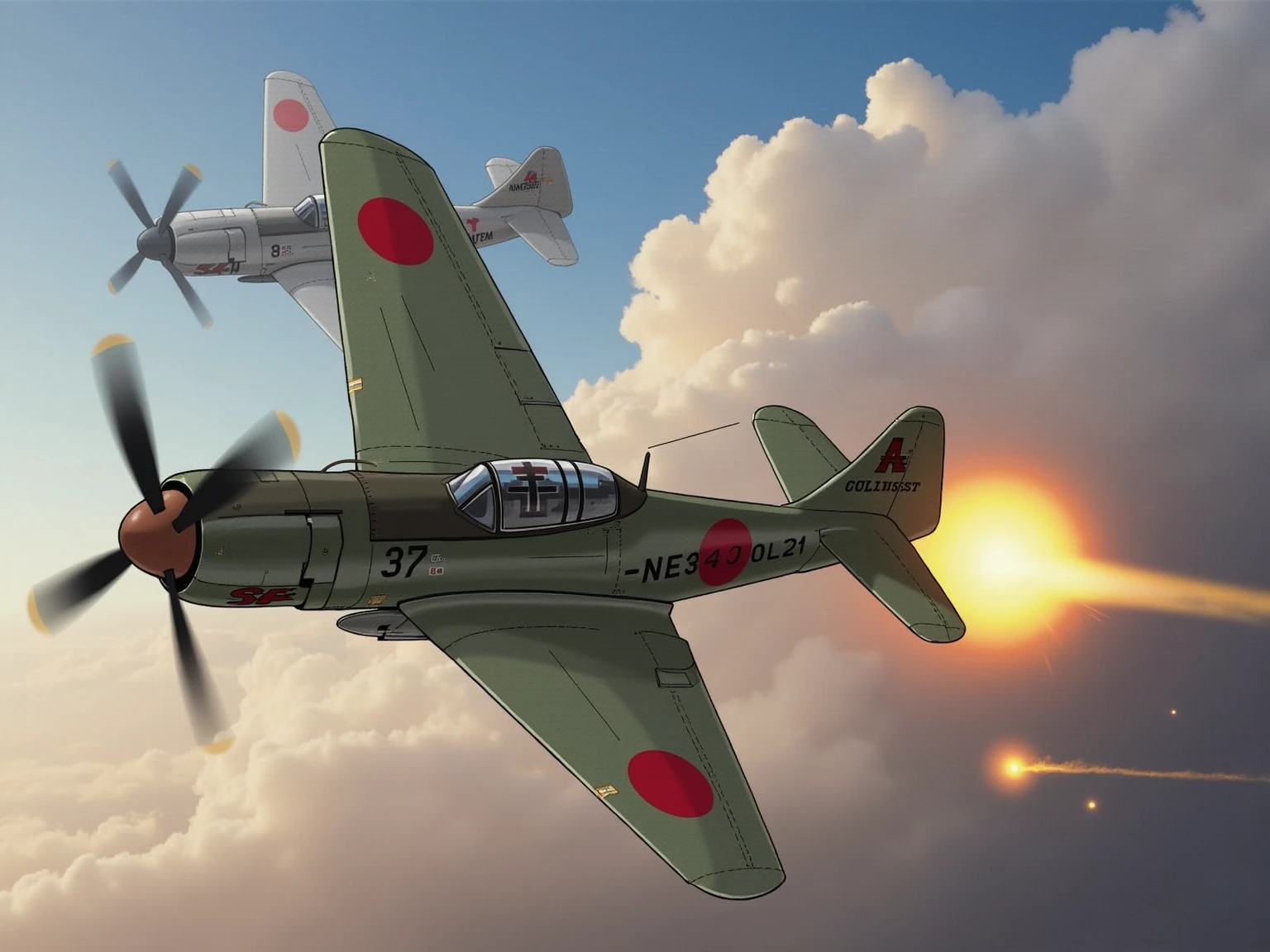 (masterpiece:1.3, top quality :1.3, very detailed depiction:1.3, incredible high resolution:1.3, high quality photo images ),Zero Fighter,Japanese military fighter ,propeller fighter,Air Combat,Reciprocating Fighter,Crash ,come down,Gunfire, dynamic images ,