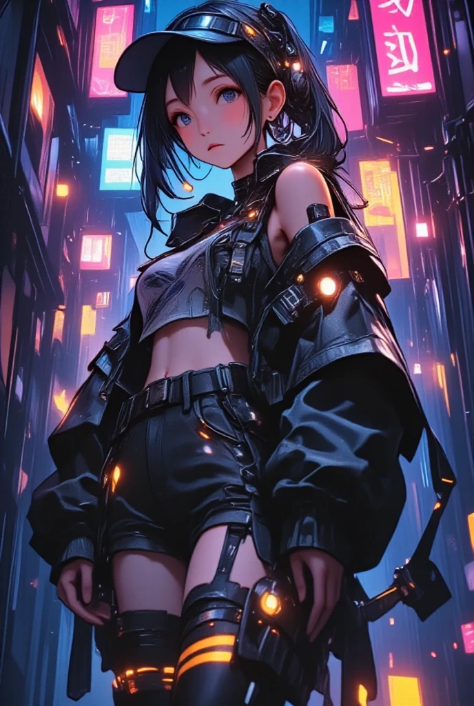    occupies the entire body    ,      a woman wearing a jacket and wide black pants with a hat with visor black sneakers with orange stripes,    long straps on the jacket and pants Cyberpunk art by Russell Dongjun Lu   , Trend in CG  Society, arte digital, Cyberpunk streetwear,   Techwear appearance and clothing   , wearing Cyberpunk streetwear,    Technological clothing of the future   , futuristic techwear,   cyberpunk style  ,   Cyberpunk technical clothing  , technological fashion  ,    Character design Cyberpunk   , cyberpunk clothing,     vector art by Yamagata Hiro    ,  Trend in CG    , esteticismo,  wearing blue and yellow clothes , anime     full body illustration    ,     full body illustration    ,     illustration style    ,    bright and cheerful colors  ,  clothing warm colors  , Phone background, y2k style, y2k style,    beautiful artistic style   