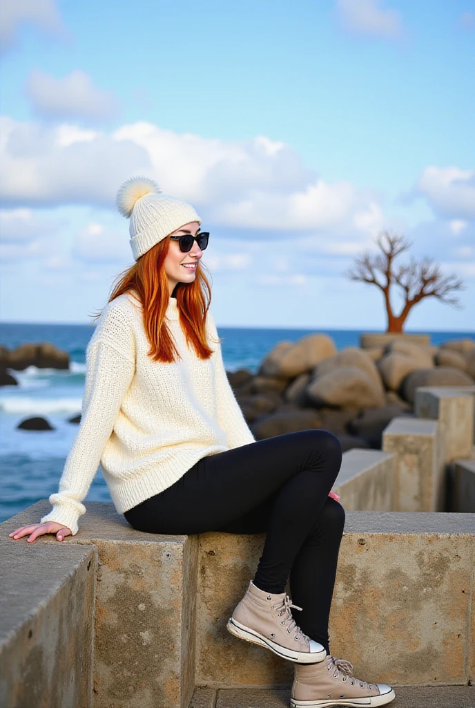 Red-haired woman wearing a white knitted sweater, black leggings, and a matching white knit beanie. She is sitting on a stone wall, leaning slightly back with one leg bent, showcasing a relaxed and confident pose. She wears sunglasses and hiking shoes, suggesting an outdoor adventure. The woman is positioned to one side of the frame, allowing the background to feature prominently. The scenery includes a rocky coastline, ocean waves crashing against the rocks, and a blue sky with scattered clouds. In the distance, a rusted metal sculpture on the rocks adds a unique artistic element. The scene conveys a sense of exploration and tranquility by the sea.