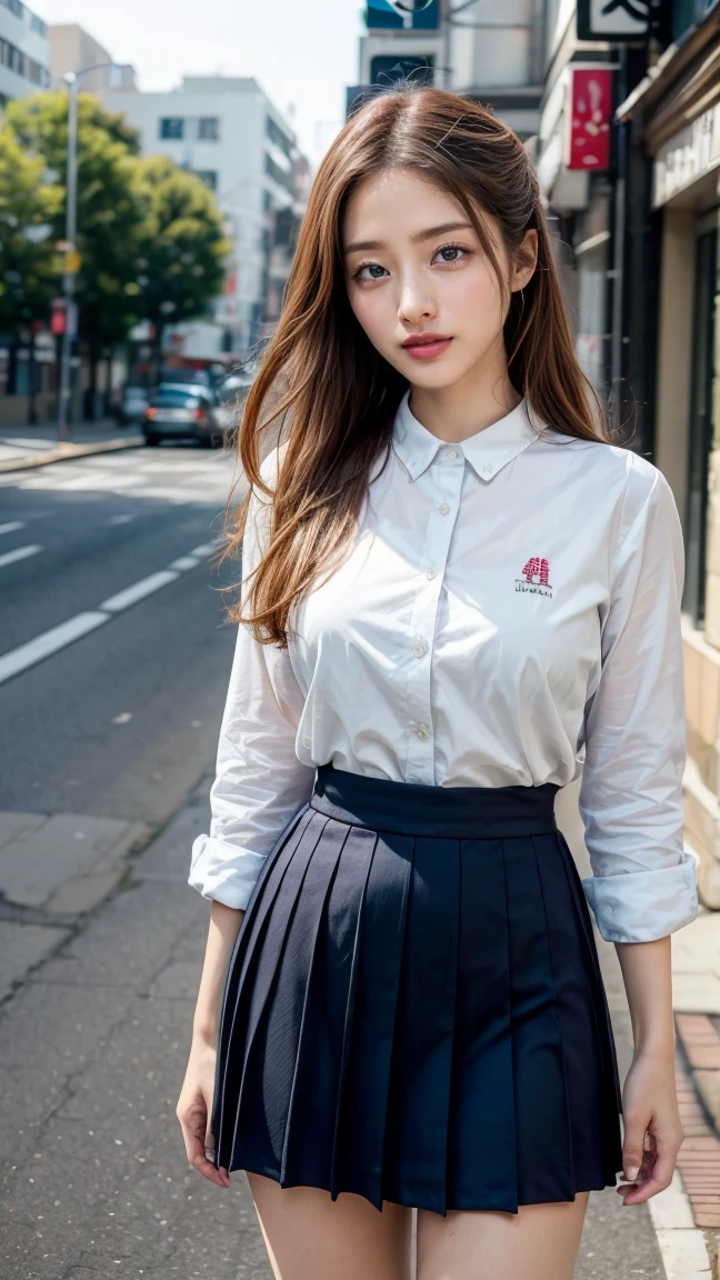 a beautiful 18 year old Japanese high school girl with perfect anatomy, healthy thighs, beautiful legs, beautiful skin, random hair color and style, large breasts, (wearing a Japanese schoolgirl uniform:1.3), (she is standing:1.2), penny loafers, holding a student bag, full body shot, standing on a city street, (best quality,4k,8k,highres,masterpiece:1.3),(extremely detailed:1.2),photorealistic,ultra-detailed,vivid colors, studio lighting, professional, Satomi Ishihara