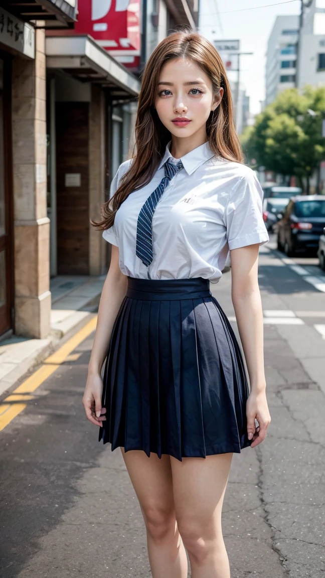 a beautiful 18 year old Japanese high school girl with perfect anatomy, healthy thighs, beautiful legs, beautiful skin, random hair color and style, large breasts, (wearing a Japanese schoolgirl uniform:1.3), (she is standing:1.2), penny loafers, holding a student bag, full body shot, standing on a city street, (best quality,4k,8k,highres,masterpiece:1.3),(extremely detailed:1.2),photorealistic,ultra-detailed,vivid colors, studio lighting, professional, Satomi Ishihara