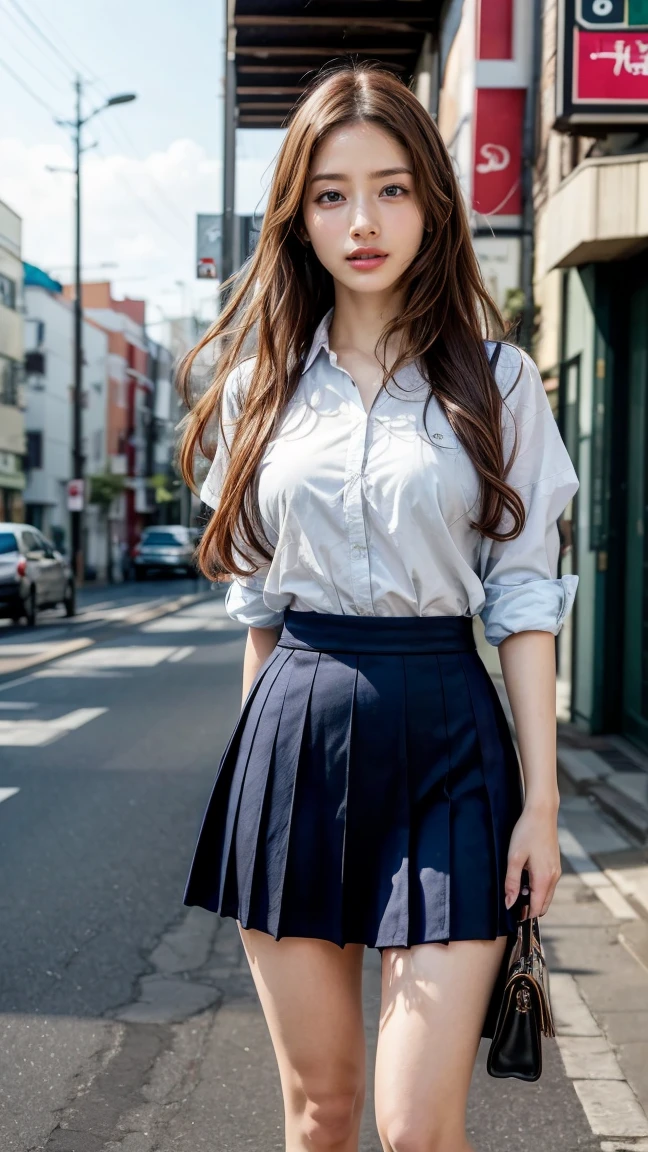 a beautiful 18 year old Japanese high school girl with perfect anatomy, healthy thighs, beautiful legs, beautiful skin, random hair color and style, large breasts, (wearing a Japanese schoolgirl uniform:1.3), (she is standing:1.2), penny loafers, holding a student bag, full body shot, standing on a city street, (best quality,4k,8k,highres,masterpiece:1.3),(extremely detailed:1.2),photorealistic,ultra-detailed,vivid colors, studio lighting, professional, Satomi Ishihara