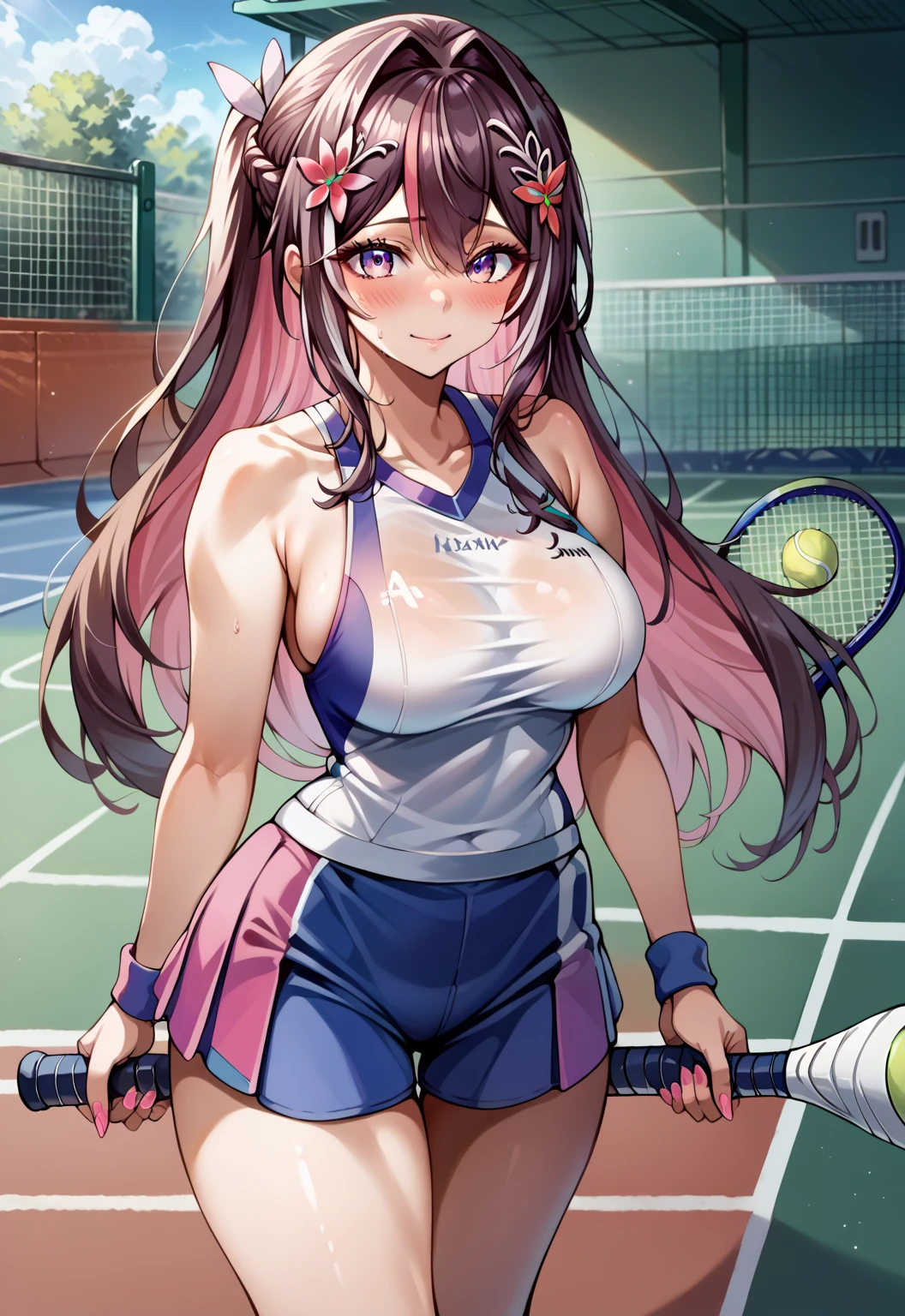 score_9, score_8_up, score_7_up, source_anime,4K,perfect fingers,(perfect hands, perfect anatomy),
1girl,Azki, multicolored hair, long hair, french braid, hair ornament, large breast,
wearing ((HotTraining, Tennis Sportwear)),
tennis court, standing, front, looking at the viewer, flushed cheeks