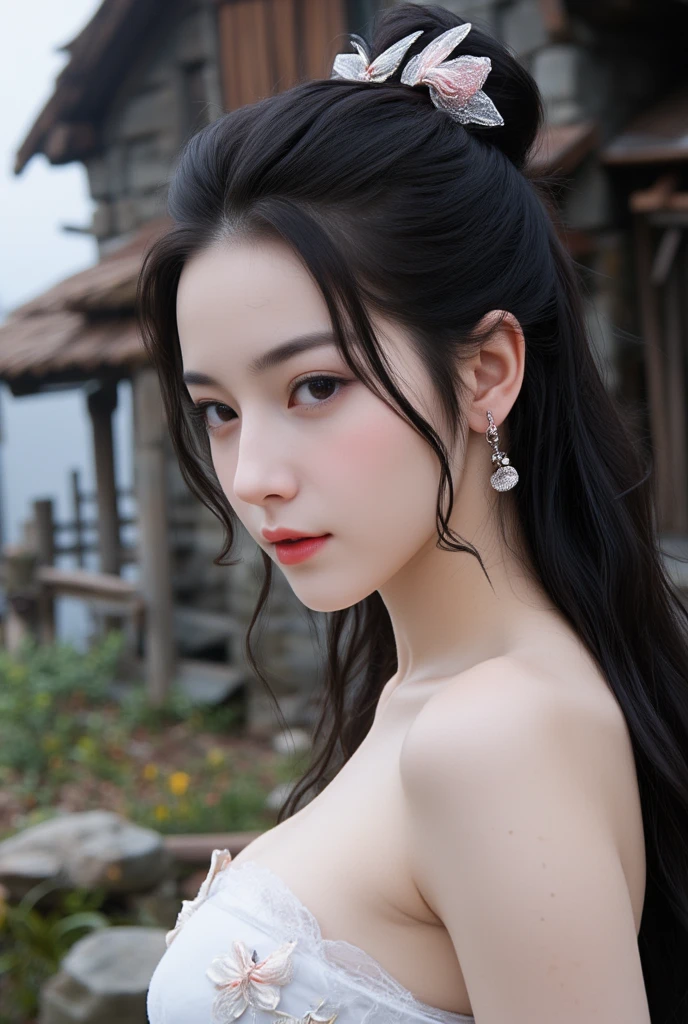 Masterpiece, full body, random angle view, photography, 
"Japanese beautiful young woman, white pale skin",very long hair elaborate updo black, white Strapless dress, with butterfly (fabric butterfly around), medival style, front of rough stone wood cabin, Apocalypse environment, 