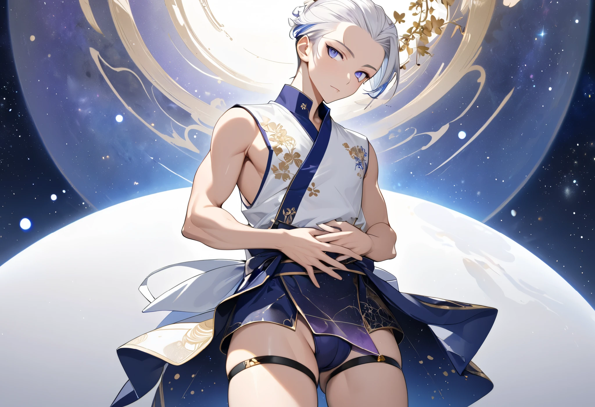 Fresh illustration,
Ultra-fine drawing,
Very delicate illustration,
Very fine details,
One boy,
Full body,
Height 158cm,
Fair skin,
Right eye is purple,
Left eye is blue,
Odd eyes,
Heterochromie iris,
Beautiful eyes,
Large black pupils,
Cleanly cut hairstyle,
Slicked back hairstyle,
Short hair,
Shiny hair,
White hair,
Forehead is exposed,
Cute face,
Pretty face,
Shiny halo on the back of the head,
Raised eyebrows,
Kimono upper body,
Japanese clothing upper body,
Masculine build,
Six pack,
Very small breasts,
No breasts,
Chinese dress lower body,
Black obi color,
White clothes overall,
Tastefully embroidered with gold thread,
Clothes with high-quality texture,
Jock straps,
Thigh straps Trap,
Thigh straps digging into skin,
White long boots,
Japanese-style toes,
Five fingers on hands and feet,
Slim waist,
Thin legs,
Isometric,
Golden ratio,
Divine atmosphere,
Wearing an indigo-colored stand-up collared inner,
Outer space,
Galaxy,
Countless small stars,
Tactical use of shadows,
Free pose,
Sexy pose,
Exposing skin,
Erotic pose,
Adult pose,
Lewd appearance,
Looking at camera,
Buttocks facing camera,
Pervert,
Clothes are see-through, revealing pink nipples and penis