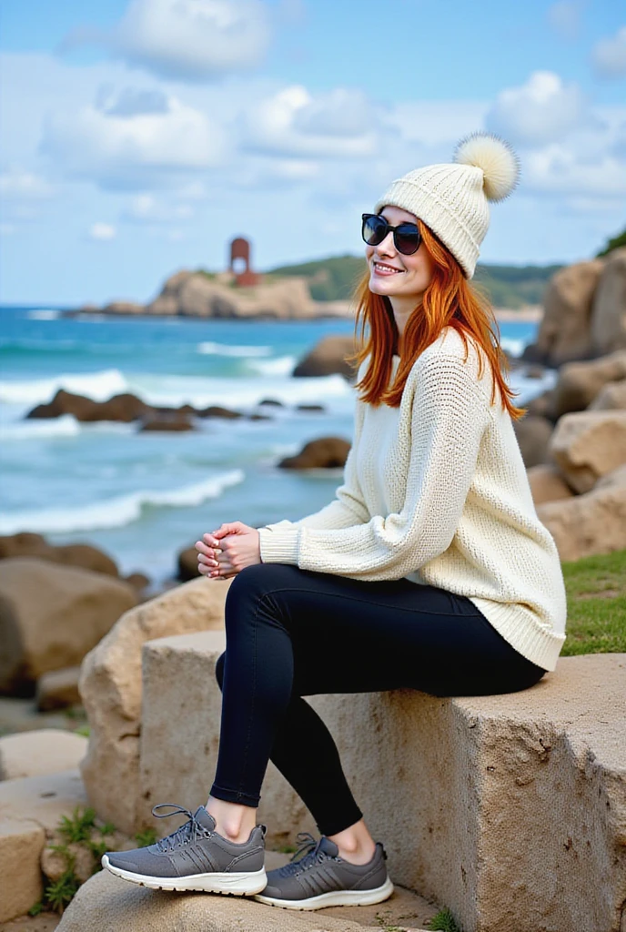 a woman with 26yo, red-haired  wearing a white knitted sweater, black leggings, and a matching white knit beanie. She is sitting on a stone wall, leaning slightly back with one leg bent, showcasing a relaxed and confident pose. She wears sunglasses and hiking shoes, suggesting an outdoor adventure. The woman is positioned to one side of the frame, allowing the background to feature prominently. The scenery includes a rocky coastline, ocean waves crashing against the rocks, and a blue sky with scattered clouds. In the distance, a rusted metal sculpture on the rocks adds a unique artistic element. The scene conveys a sense of exploration and tranquility by the sea