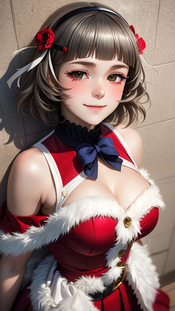 (((solo))), 1 woman, Sakuya Kurobane, sakuyaunif, kurobane_sakuya, (brown eyes), short hair, grey hair, black hairband, blue hair flower, red eyeliner, blush, smile, beautiful chest, medium chest, (upper body), santa claus