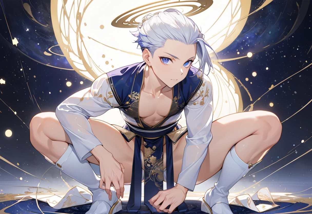 Fresh illustration,
Ultra-fine drawing,
Very delicate illustration,
Very fine details,
One boy,
Full body,
Height 158cm,
Fair skin,
Right eye is purple,
Left eye is blue,
Odd eyes,
Heterochromie iris,
Beautiful eyes,
Large black pupils,
Cleanly cut hairstyle,
Slicked back hairstyle,
Short hair,
Shiny hair,
White hair,
Forehead is exposed,
Cute face,
Pretty face,
Shiny halo on the back of the head,
Raised eyebrows,
Kimono upper body,
Japanese clothing upper body,
Masculine build,
Six pack,
Very small breasts,
No breasts,
Chinese dress lower body,
Black obi color,
White clothes overall,
Tastefully embroidered with gold thread,
Clothes with high-quality texture,
Jock straps,
Thigh straps Trap,
Thigh straps digging into skin,
White long boots,
Japanese-style toes,
Five fingers on hands and feet,
Slim waist,
Thin legs,
Isometric,
Golden ratio,
Divine atmosphere,
Wearing an indigo-colored stand-up collared inner,
Outer space,
Galaxy,
Countless small stars,
Tactical use of shadows,
Free pose,
Sexy pose,
Exposing skin,
Erotic pose,
Adult pose,
Lewd appearance,
Looking at camera,
Buttocks facing camera,
Pervert,
Clothes are see-through, revealing pink nipples and penis