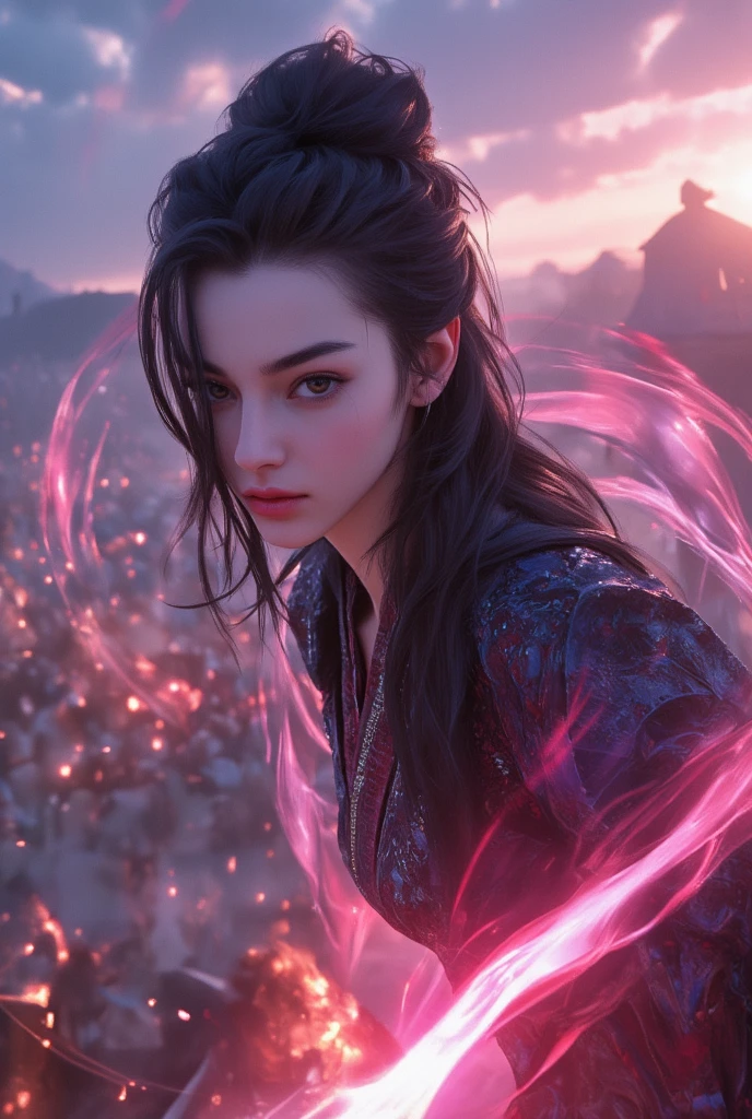 Masterpiece, full body, random angle view, photography, 
"Japanese beautiful young woman, white pale skin",very long hair elaborate updo black, spelling epic powerful magic at battlefield, 