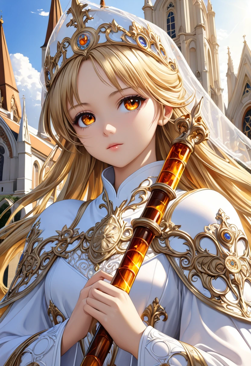 ((Best quality)),(Super high resolution),(Super detailed new),(Detailed description),((Best CG)),(Best artwork),Super detailed art,Wonderful new Art,(Surrealistic),Girl,(Blonde),((Long hair)),(Amber color eyes),Girl,Beautiful face:1.6,Also new:1.5,Natural makeup:1.4,Very detailed face,(Perfect eyes),Perfect hands,Perfect proportions,One girl priest, Wearing a white veil, white ribbon, armored dress, He is wearing a thin and light armor,Precise and detailed relief:1.7,Holding a long holy staff,An old cathedral,With the church in the background,Healthy skin,Very detailed lighting,
