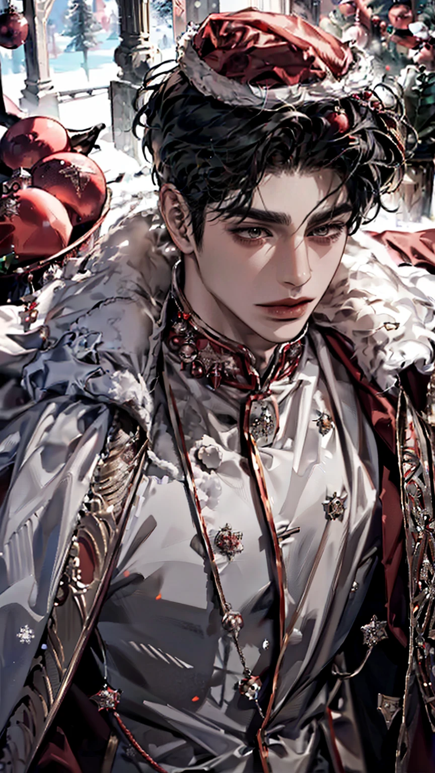 boy, wolf cut hairstyle , black hair , sharp eyes, white skin , as seen above , ((royal uniform, red fur cape)), Gray eyes, Christmas Ornaments, santa hat