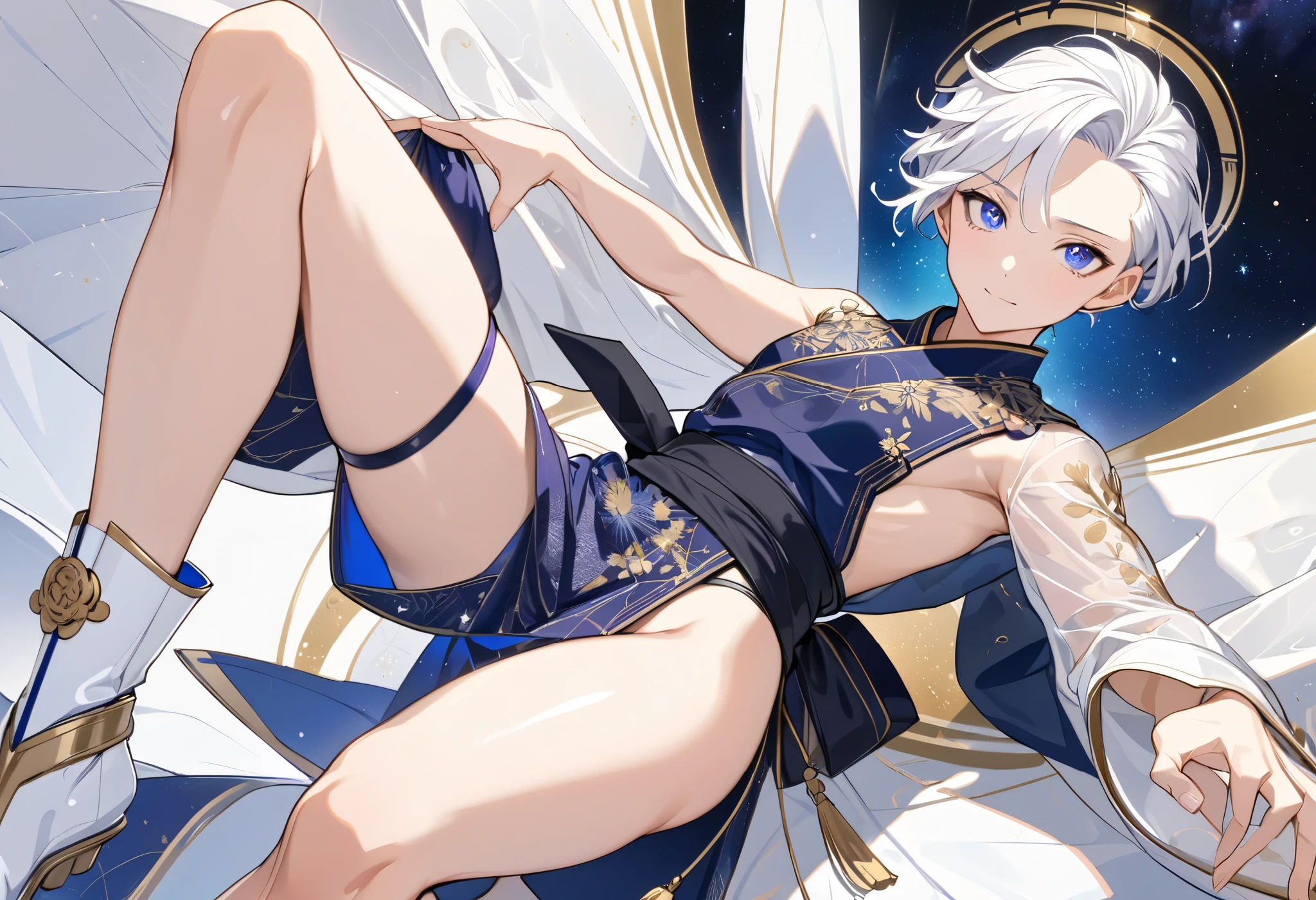 Fresh illustration,
Ultra-fine drawing,
Very delicate illustration,
Very fine details,
One boy,
Full body,
Height 158cm,
Fair skin,
Right eye is purple,
Left eye is blue,
Odd eyes,
Heterochromie iris,
Beautiful eyes,
Large black pupils,
Cleanly cut hairstyle,
Slicked back hairstyle,
Short hair,
Shiny hair,
White hair,
Forehead is exposed,
Cute face,
Pretty face,
Shiny halo on the back of the head,
Raised eyebrows,
Kimono upper body,
Japanese clothing upper body,
Masculine build,
Six pack,
Very small breasts,
No breasts,
Chinese dress lower body,
Black obi color,
White clothes overall,
Tastefully embroidered with gold thread,
Clothes with high-quality texture,
Jock straps,
Thigh straps Trap,
Thigh straps digging into skin,
White long boots,
Japanese-style toes,
Five fingers on hands and feet,
Slim waist,
Thin legs,
Isometric,
Golden ratio,
Divine atmosphere,
Wearing an indigo-colored stand-up collared inner,
Outer space,
Galaxy,
Countless small stars,
Tactical use of shadows,
Free pose,
Sexy pose,
Exposing skin,
Erotic pose,
Adult pose,
Lewd appearance,
Looking at camera,
Buttocks facing camera,
Pervert,
Clothes are see-through, revealing pink nipples and penis