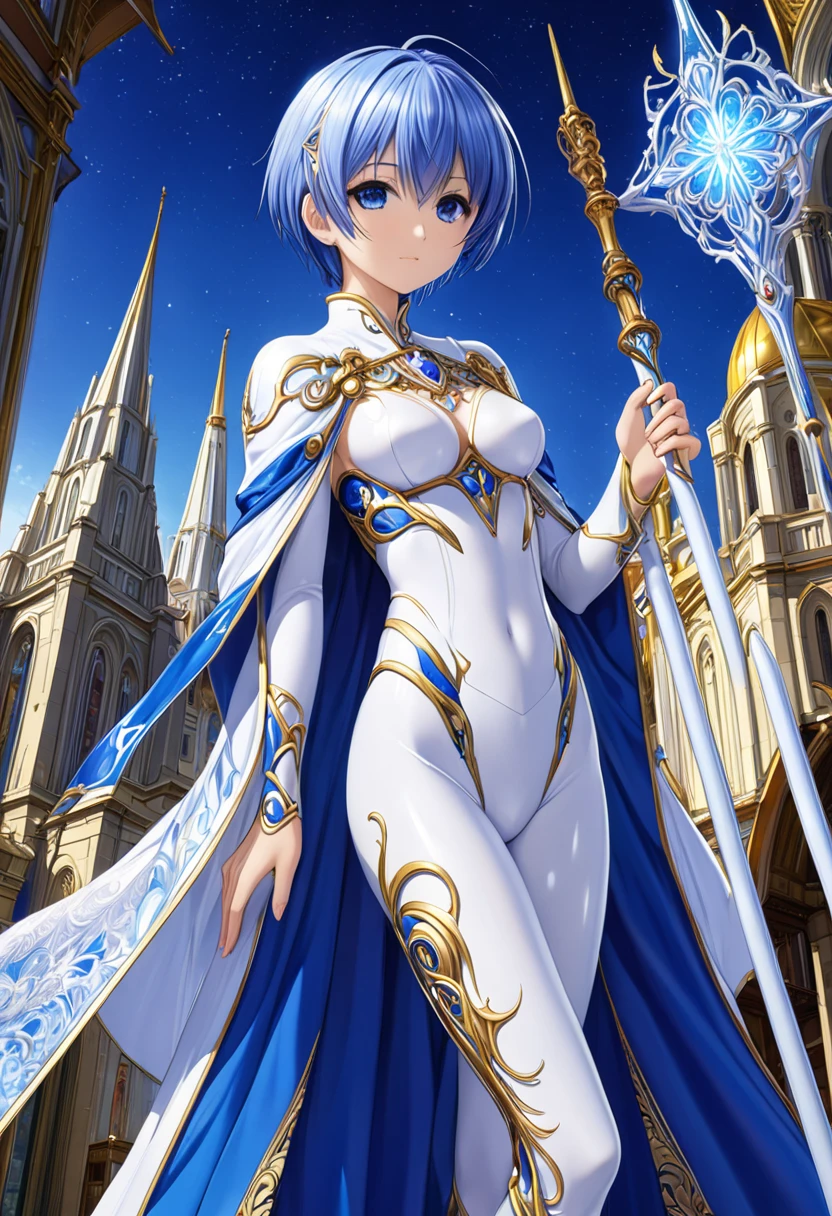 (( top quality )),( super high res),(Super detailed新しい),( detailed description ),(( best CG )),( Best Artwork ), Ultra Precision Art,Wonderful New Art,( surreal)、 girl、Elf、( blue hair)、((( short hair)))、( blue eyes）、Highly detailed faces、（ perfect eyes）、perfect hand、Perfect Proportions、Elfの girl性司祭1人, Wearing a white veil, Wearing a white high leg bodysuit,  he wears thin, light armor、He has a long sacred staff、Old Cathedral 、With the church in the background、 HEALTHY SKIN、Highly detailed lighting、