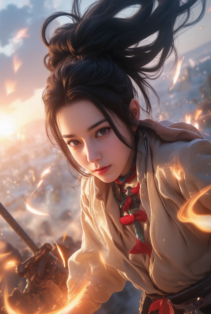 Masterpiece, full body, random angle view, photography, 
"Japanese beautiful young woman, white pale skin",very long hair elaborate updo black, spelling epic powerful magic at battlefield, 