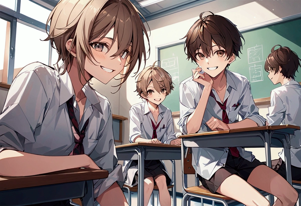 ((Sitting on a classroom chair))). Smiling while talking, with a visible toothy smile. ((A male high school student)) with light brown hair. He is wearing a white shirt and chatting with three other male high school students. The composition is viewed diagonally, in a bird’s-eye perspective (overhead view). (Long-sleeved shirt), (Black pants), Female students are talking at the back of the classroom.