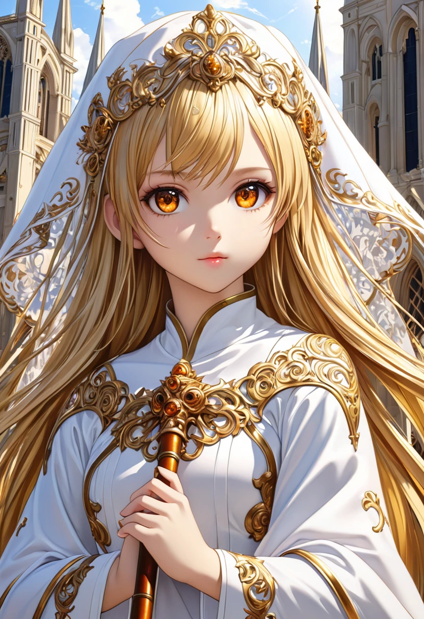 ((Best quality)),(Super high resolution),(Super detailed new),(Detailed description),((Best CG)),(Best artwork),Super detailed art,Wonderful new Art,(Surrealistic),Girl,(Blonde),((Long hair)),(Amber color eyes),Girl,Beautiful face:1.6,Also new:1.5,Natural makeup:1.4,Very detailed face,(Perfect eyes),Perfect hands,Perfect proportions,One girl priest, Wearing a white veil, white ribbon, armored dress, He is wearing a thin and light armor,Precise and detailed relief:1.7,Holding a long holy staff,An old cathedral,With the church in the background,Healthy skin,Very detailed lighting,
