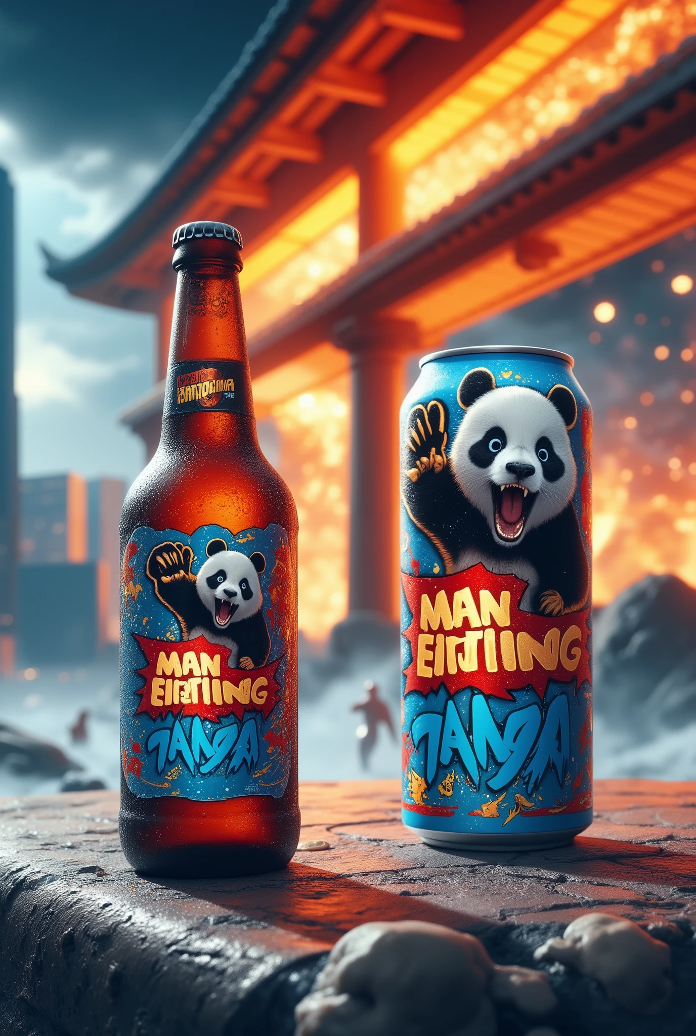 Energy drink product photo ,  bottle on the table , energy drink can design , ((Text on the can :"man-eating panda")), 缶に panda のキャラクターが描かれた,   drink advertisement design , (( text on the left side text on the :  panda , In a brushstroke font))。