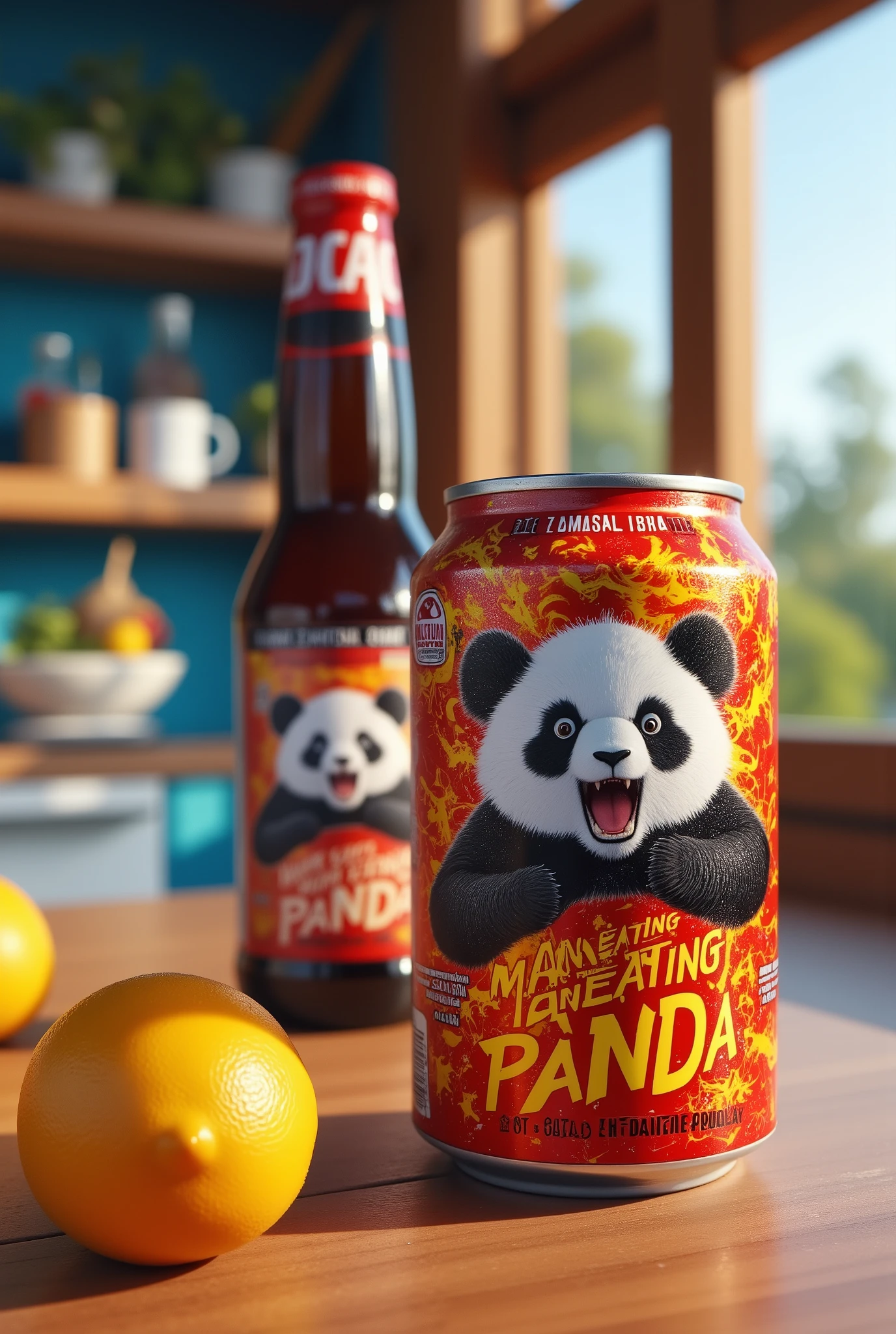 Energy drink product photo ,  bottle on the table , energy drink can design , ((Text on the can :"man-eating panda")), 缶に panda のキャラクターが描かれた,   drink advertisement design , (( text on the left side text on the :  panda , In a brushstroke font))。