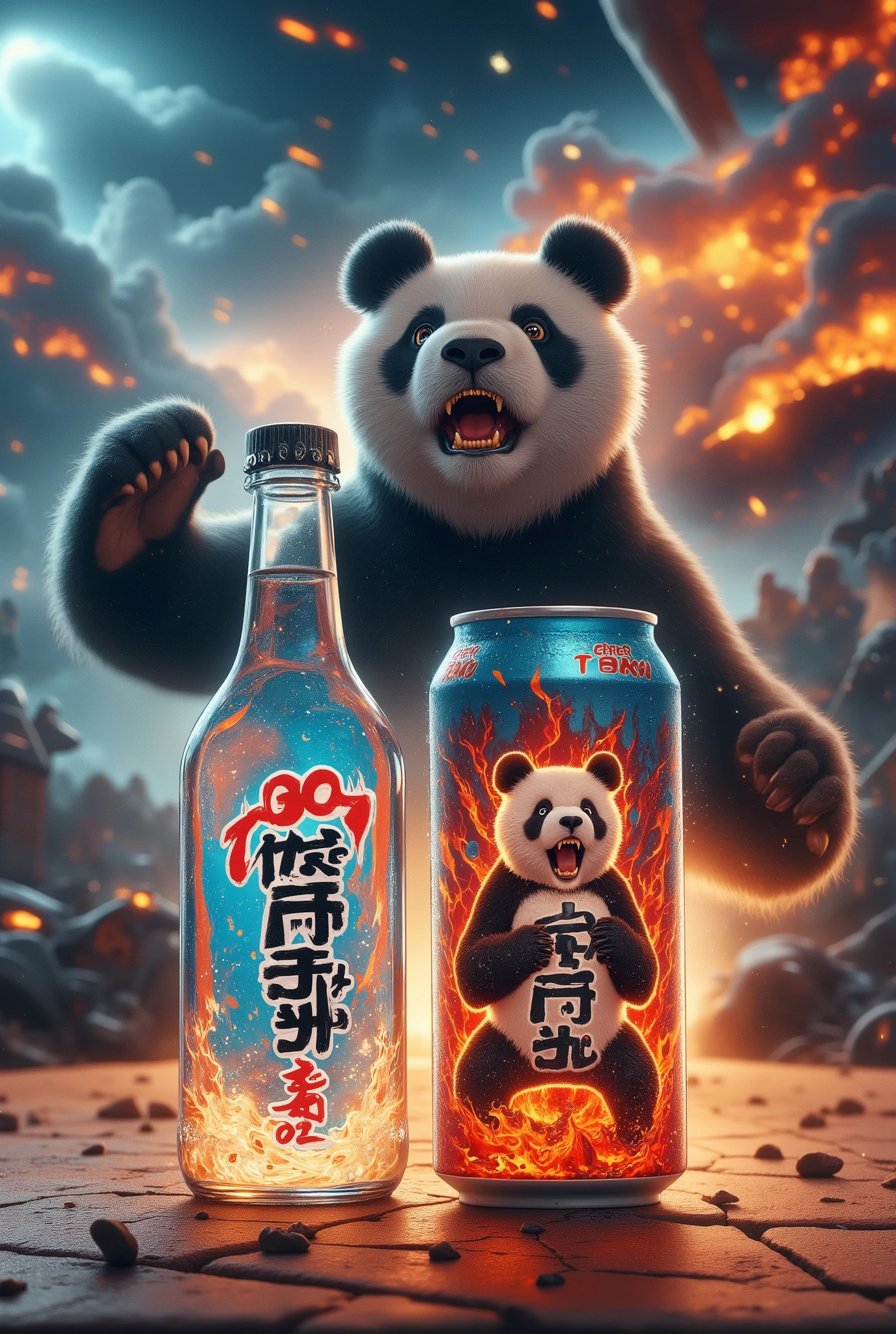 Energy drink product photo ,  bottle on the table , energy drink can design , ((Text on the can :"man-eating panda")), 缶に panda のキャラクターが描かれた,   drink advertisement design , (( text on the left side text on the :  panda , In a brushstroke font))。