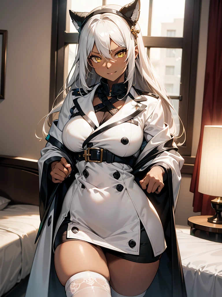 (​masterpiece、top-quality、hight resolution、Unity 8k、extremely details CG:1,Best Picture), ramlethalms, 1girl, Grey hair, yellow eyes,((((dark skin)))), Create an image of a sex worker standing in a hotel room, fully dressed in the default costume designated by LoRa, neatly wearing it as intended. Her outfit is perfectly in place, clean, and professional, showing a sense of discipline and confidence. She smiles warmly, making the client feel comfortable and relaxed. The hotel room has soft lighting, creating an inviting and intimate atmosphere that matches her well-groomed and composed appearance.