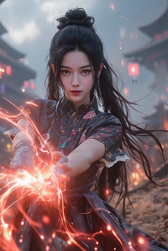 Masterpiece, full body, random angle view, photography, 
"Japanese beautiful young woman, white pale skin",very long hair elaborate updo black,wearing pretty dress,  spelling epic powerful magic at battlefield, 