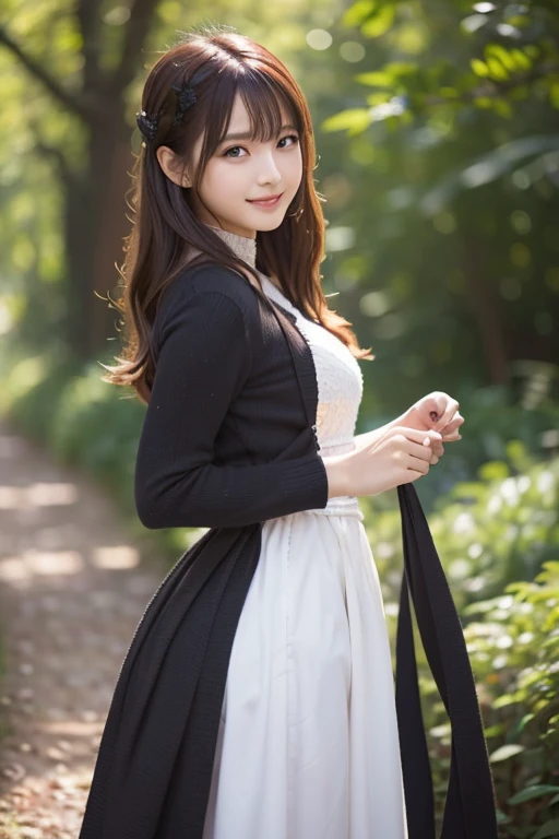 Japanese model wearing a long skirt dress,   Japanese idol 、Full dress,  fantasy dress,  Elegant and Attractive Cosplay , Japanese model wearing fantasy style formal attire ,  black shimecut hairstyle,  looking at camera、Detailed and beautiful eyes、 cute smile、 soft and gentle expression 、The background is a deep forest