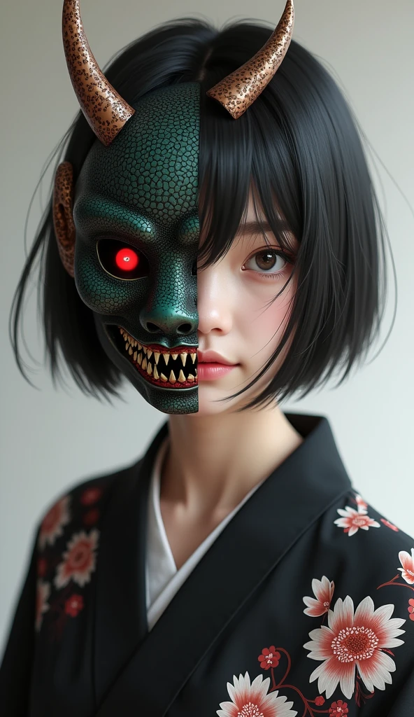  wearing a demon mask with only half of the right side 、 Japanese、woman、18 years old、 bob cut、 half of the real face is showing 、The real face is smiling 、 wearing a short kimono with a black base and floral pattern、