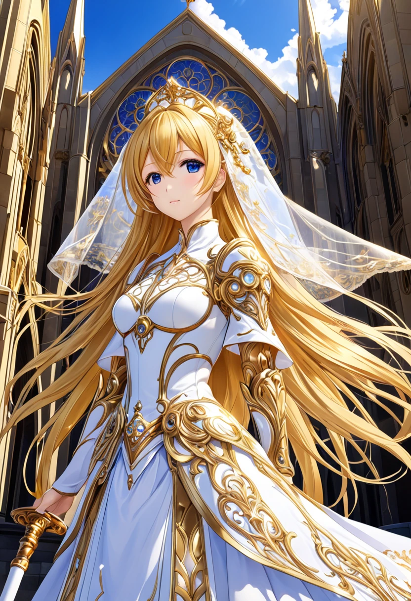 (( top quality )),( super high res),(Super detailednew),( detailed description ),(( best CG )),( Best Artwork ), Ultra Precision Art,Wonderful new Art,( surreal)、 girl、(Blonde)、((( long hair)))、(amber colorの目）、 girl, A beautifully arranged face :1.6,Also々new:1.5, natural makeup :1.4,Highly detailed faces、（ perfect eyes）、perfect hand、Perfect Proportions、 girl性司祭1人, Wearing a white veil, white ribbon, armored dress,  he wears thin, light armor、Precise and detailed relief:1.7、He has a long sacred staff、Old Cathedral 、With the church in the background、 HEALTHY SKIN、Highly detailed lighting、