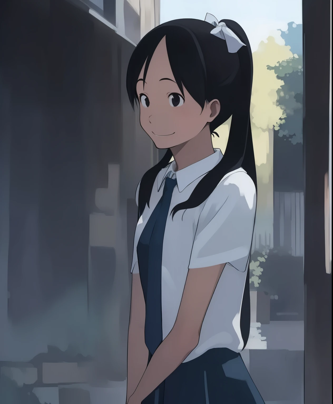 (masterpiece、 top quality 、 top quality 、 Official Art 、 beautiful and beautiful :1.2)、( One Girl :1.3) Hatsune Miku 、 twin tails, Beautiful breasts, cute girl、masterpiece, top quality, high definition , very detailed, detailed background,(Fraulein Chrome, ( black hair, semi-long hair, blue bow ponytail),( white blouse, blue short ribbon tie , blue long skirt ), small, Neat, dark eyes,study, Friendly Smiles ), Scale Out , Chic study, vase
