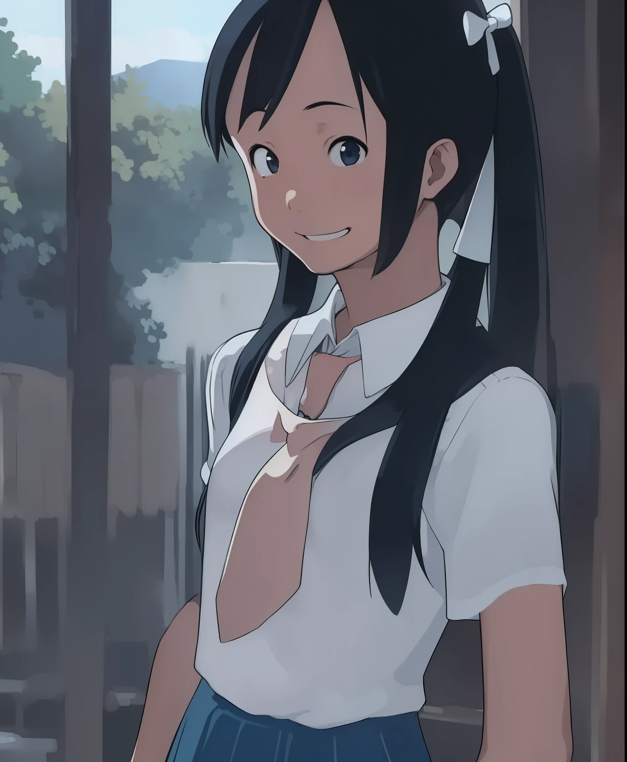 (masterpiece、 top quality 、 top quality 、 Official Art 、 beautiful and beautiful :1.2)、( One Girl :1.3) Hatsune Miku 、 twin tails, Beautiful breasts, cute girl、masterpiece, top quality, high definition , very detailed, detailed background,(Fraulein Chrome, ( black hair, semi-long hair, blue bow ponytail),( white blouse, blue short ribbon tie , blue long skirt ), small, Neat, dark eyes,study, Friendly Smiles ), Scale Out , Chic study, vase