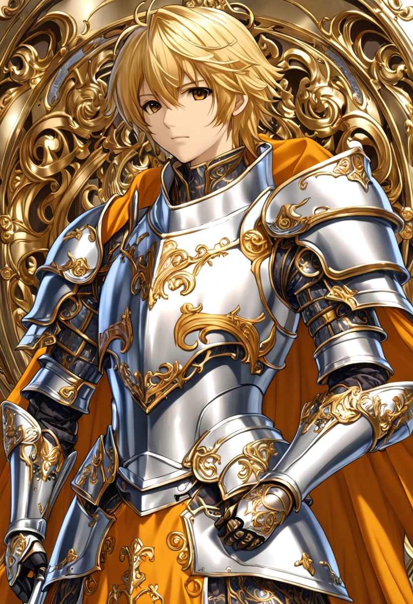 (( top quality )),( super high res),(Super detailednew),( detailed description ),(( best CG )),( Best Artwork ), Ultra Precision Art,Wonderful new Art,( Fantasy Art with Precise Details:1.5), (1 male knight:1.6),juvenile, A beautifully arranged face :1.6,Also々new:1.5, natural makeup :1.4, short hair:1.8, Meticulous Shield {x} Meticulous Armor:1.6,Precise and detailed relief:1.7,Blonde,amber colorの目, no background 