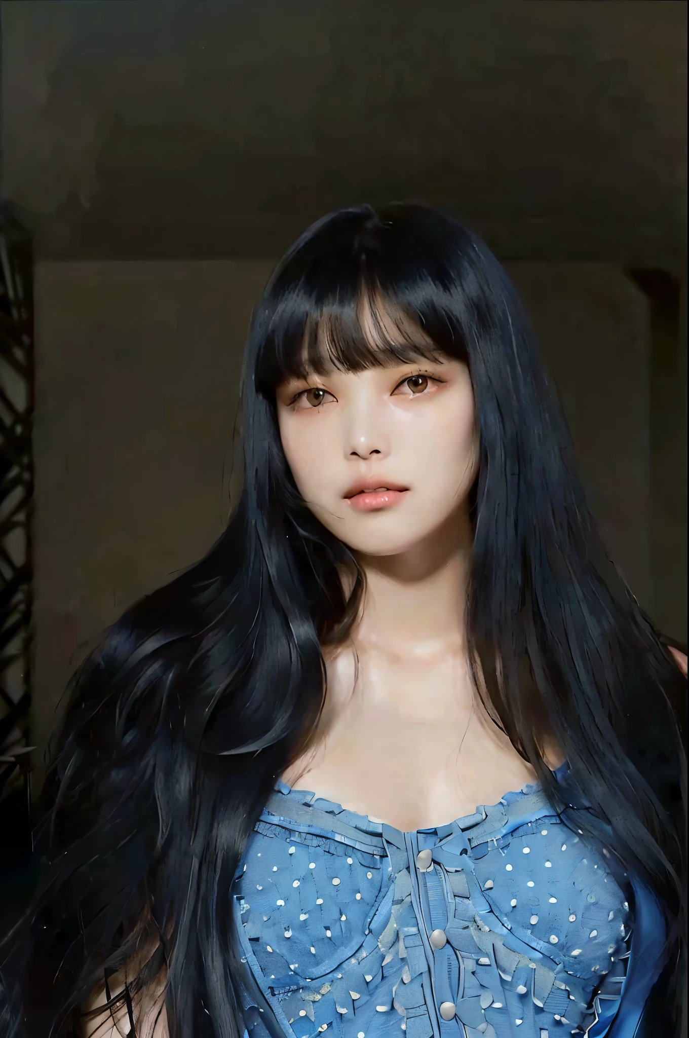 A close up of a woman with long black hair wearing a black top and dark blue eyes, She has black hair with bangs, inspiration in Ma Yuanyu, in bowater art style, in an anime style, Portrait of Tifa Lockhart, in anime style, 1 7 year old anime gothic girl, with long dark hair, She has black hair , jisoo from blackpink, popular south korean makeup, quality detailed ,(beautiful makeup :1.2), wide hips, Big, Big ass, (best quality, 8k, masterpiece: 1.3), clear focus: 1.2, Perfect body beauty: 1.4, strong abs, Very detailed face and skin texture. , detailed eyes, double eyelids, (long hair), Having very marked curves, with greater volume in ((hips and breasts)), which makes the waist look much smaller ((wasp waist)).(masterpiece, top quality, Best Quality, official art, depth of field, Beauty: 1.2), pinnacle rendering, Realistic representation, (1 girl)