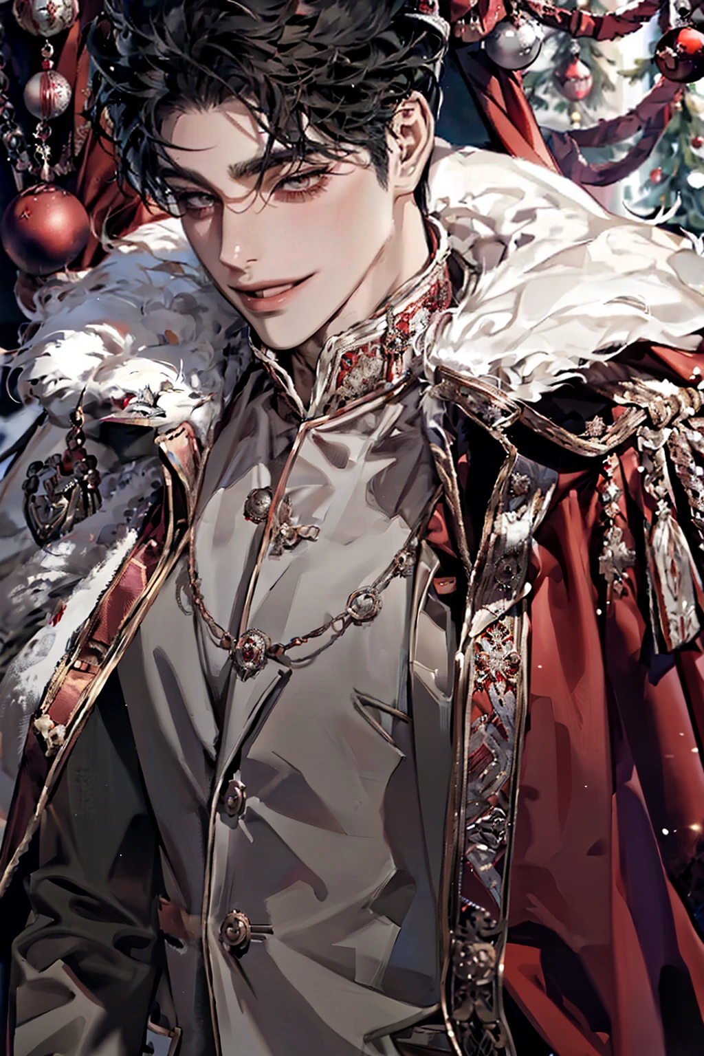 boy, wolf cut hairstyle , black hair , sharp eyes, white skin , As seen from the side, ((royal uniform, red fur cape)), Gray eyes, Christmas Ornaments, Smiling