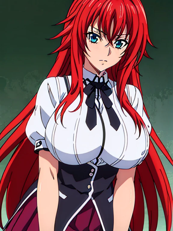  black cloak, black neckwear,  white shirt, Short sleeve,  red pleated skirt ,   sailor color , classroom background,   Rias Gremory ,  anime cell style,  top quality ,  high definition ,  1 girl, (huge breasts:1.2),  beautiful face, Red Hair, long hair,  blue eyes,  cowboy shot