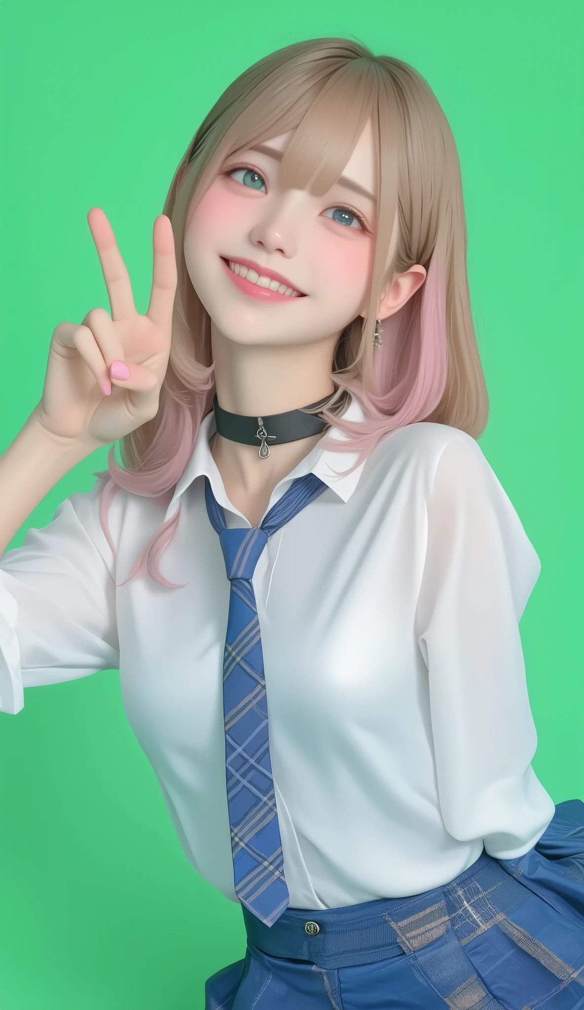   anime style illustration ,  Photorealism, 1 girl,   long blond hair and pink tips ,  playful poses , Wink and smile , Hands making a V sign near the eyes, Wearing a white shirt、I'm rolling up my sleeves,  BLUE PLAID SKIRT, Loose blue tie, Black choker with ring ,  earrings for women with first name, Gentle flush on cheeks, Bright and cheerful expression, green chroma key background, Vibrant youth々 like atmosphere,  close-up composition 、 focuses on the upper body ,  sharp concentration,  looking up with moist eyes,   Lesbian Couples ,  Professional ,