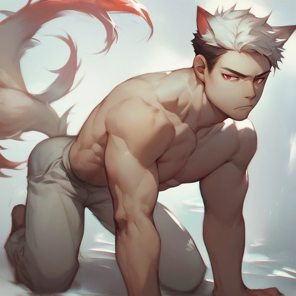 score_9, score_8_up, score_7_up BREAK Kurama, nine tailed fox, kyuubi, 1boy, solo, bored, muscular male, red eyes, closed mouth, on all fours