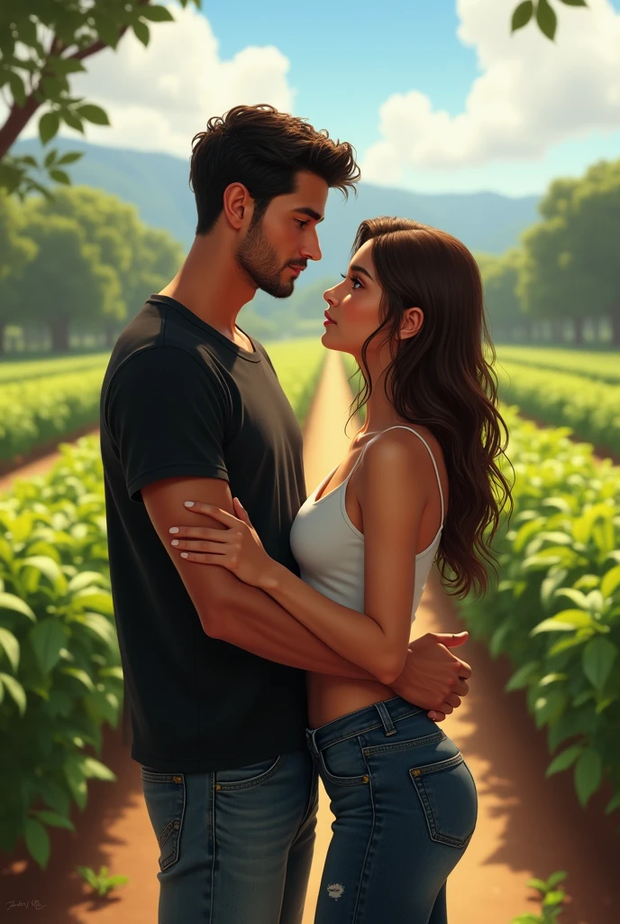 Strong Korean man cute face no beard lying on grass with curly hair Brazilian woman in a field.